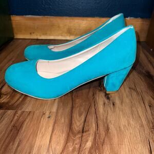 Teal Block Heel  Suede Pumps Round Toe Dress Shoes Size 9.5